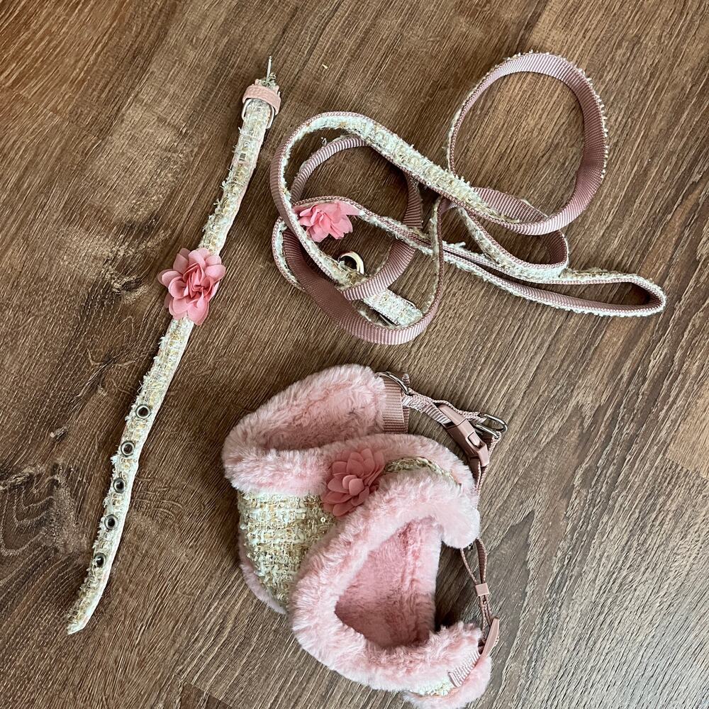 Tweed & Faux Fur Three Piece Harness, Collar & Leash Set  Size S
